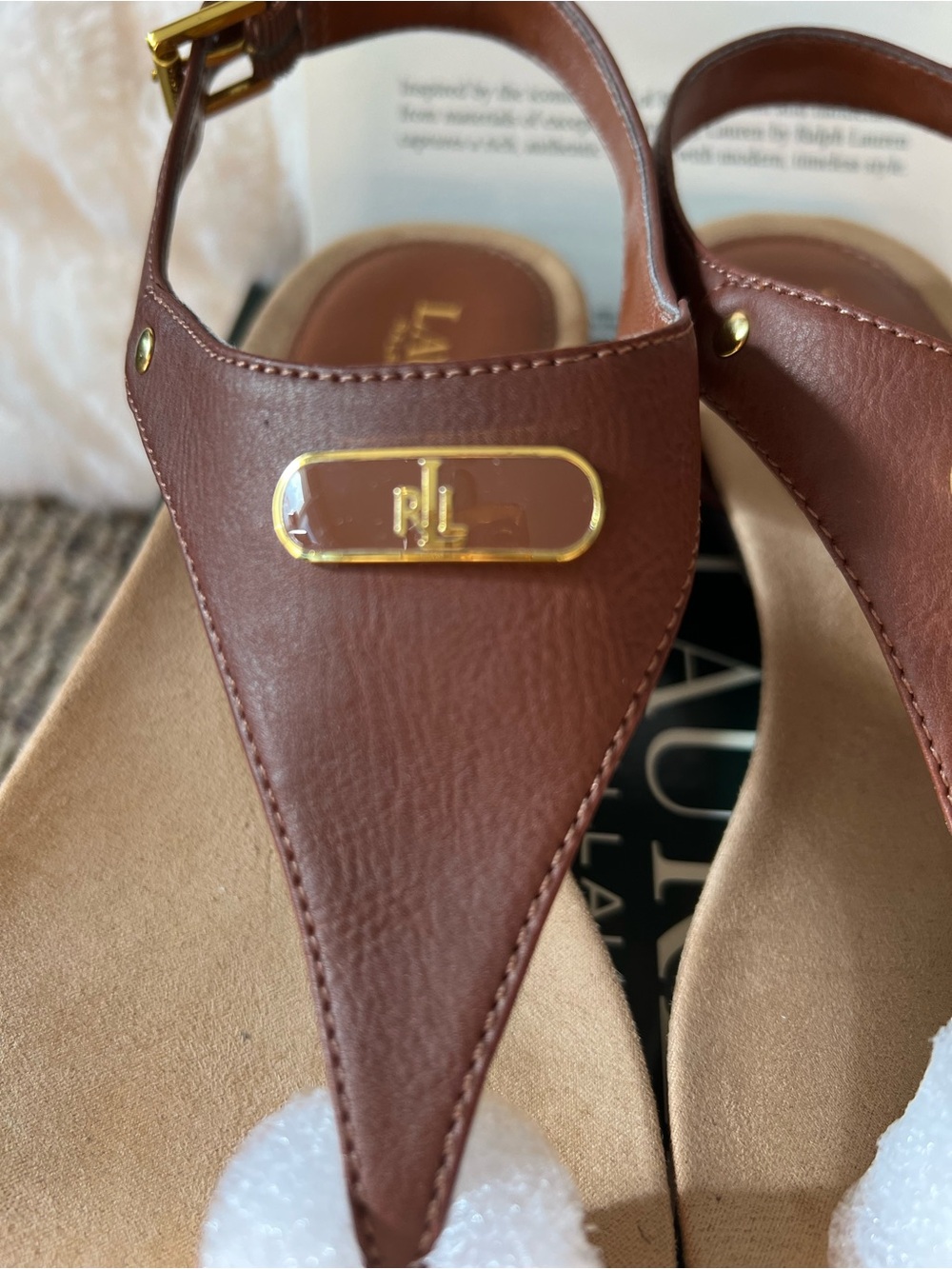 Lauren Ralph Lauren Brown Leather T-Strap Sandals with Gold Hardware - Picture 3 of 8